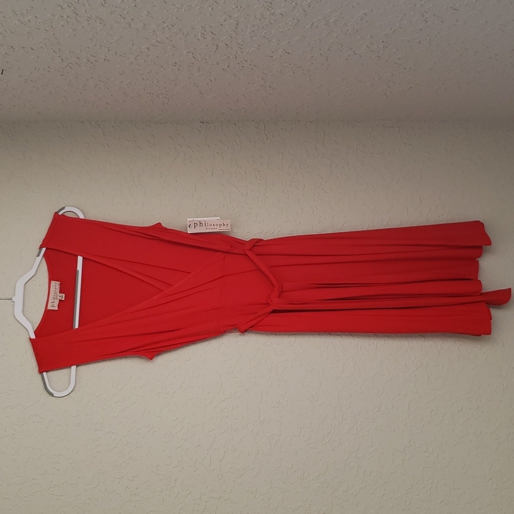 Philosophy•Red Sleeveless Jersey A-Line Dress with belt